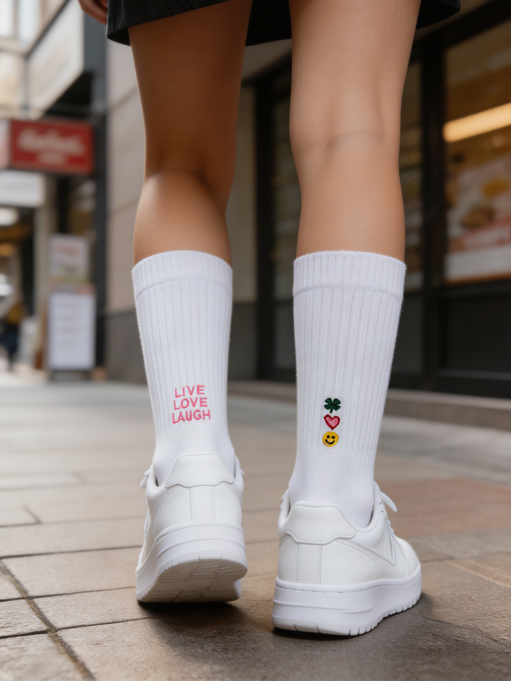 メッセージ＆モチーフ刺繍 クルーソックス (White)