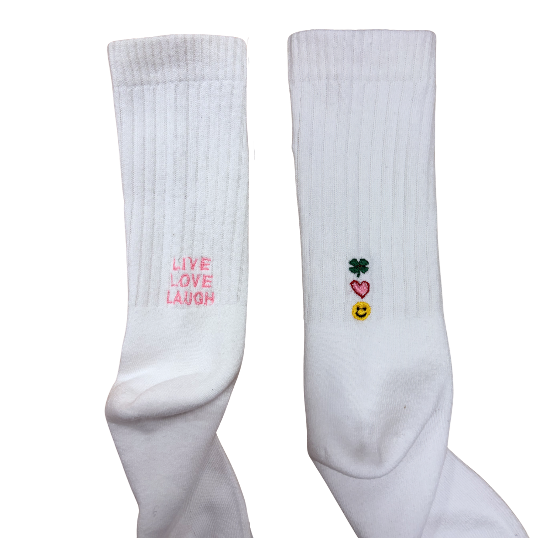メッセージ＆モチーフ刺繍 クルーソックス (White)